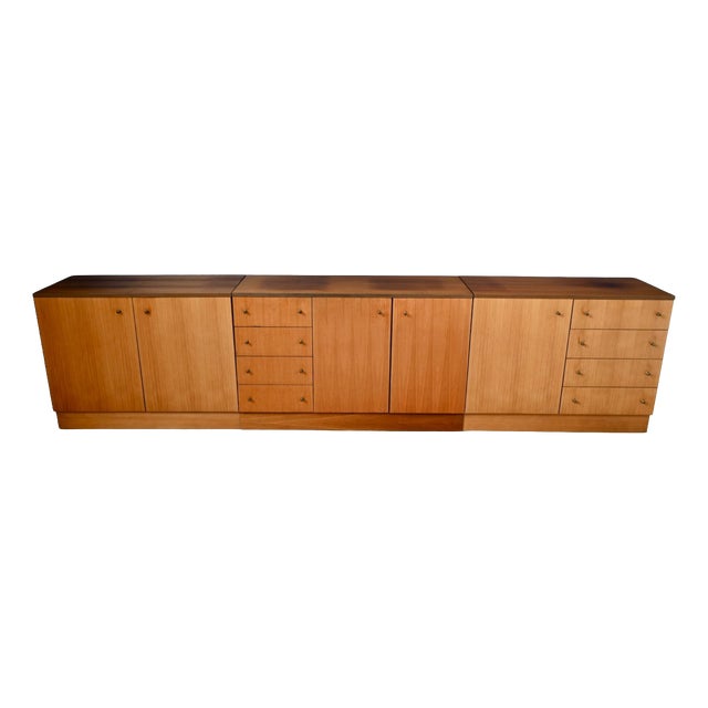 Vintage Modular Sideboard Light Wood Veneer and Brass, 1970s For Sale