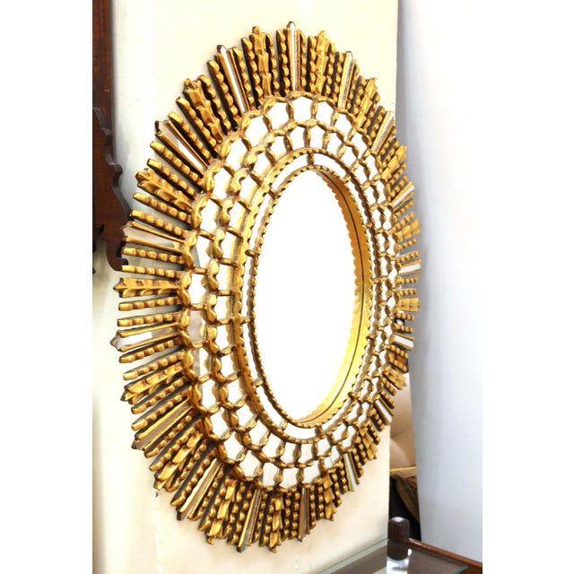 Mid Century Modern Oval Sunburst Mirror In Giltwood With Mirrored