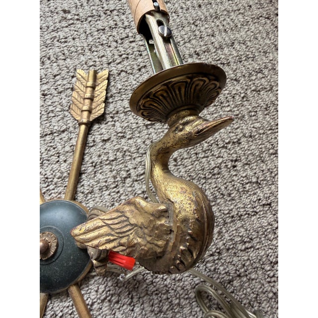 Pair of Vintage French Empire Revival Brass and Enamel Swan Sconces For Sale - Image 11 of 12