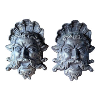 Mythological Gilded Cast Iron Neptune Architectural Wall Plaques - A Pair For Sale
