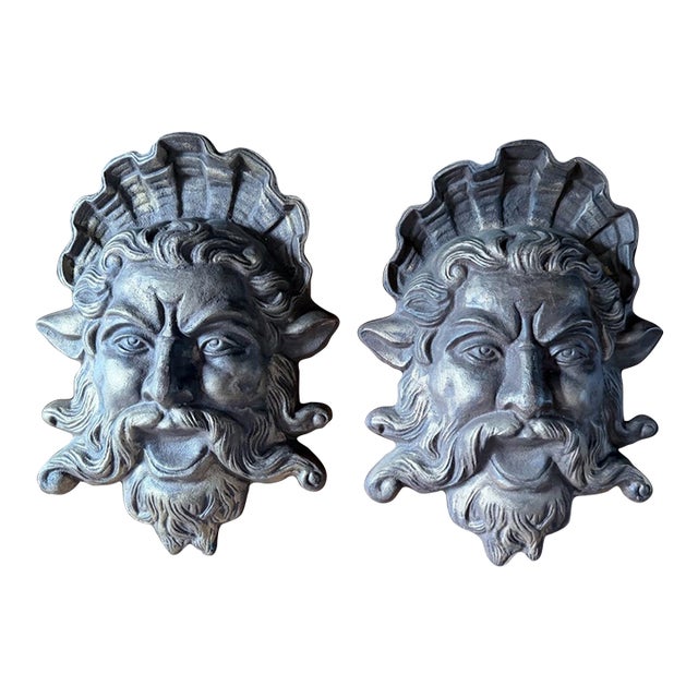 Mythological Gilded Cast Iron Neptune Architectural Wall Plaques - A Pair For Sale