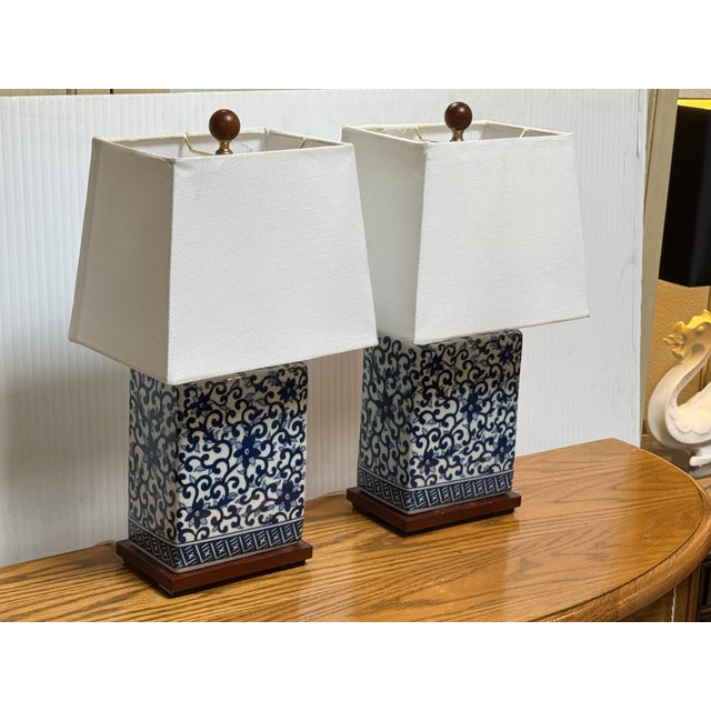 2000 - 2009 Chinoiserie Ralph Lauren Blue + White Table Lamps, Pair For Sale - Image 5 of 12