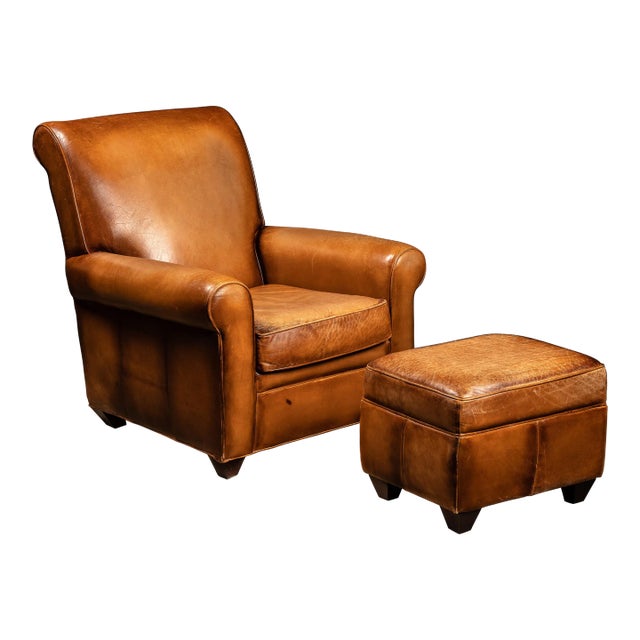 1980s Contemporary Tobacco-Colored Leather Club Chair and Ottoman For Sale