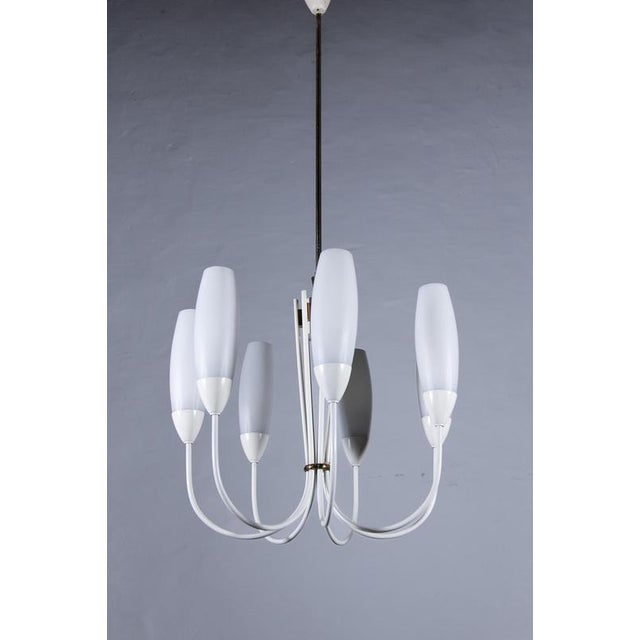Metal Mid-Century Modern Chandelier with 6 Opaline Glass Shades, 1950 For Sale - Image 7 of 10