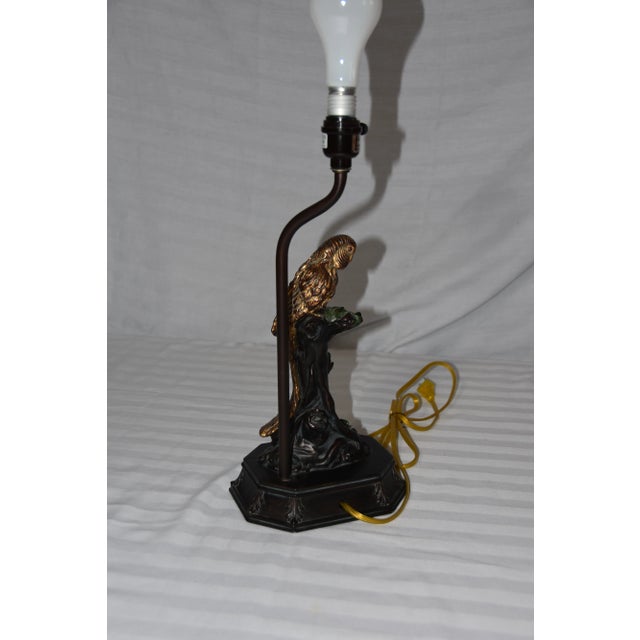 Shabby Chic Vintage Parrot Parakeet Bird Perched on Tree Stump Faux Bronze Table Lamp For Sale - Image 3 of 11