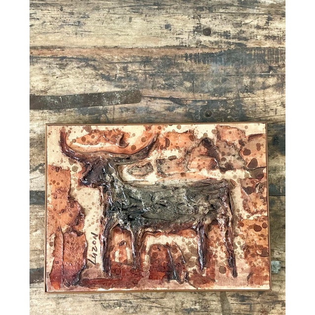 Sienna Vintage Original Mixed Media Bull on Canvas For Sale - Image 8 of 12