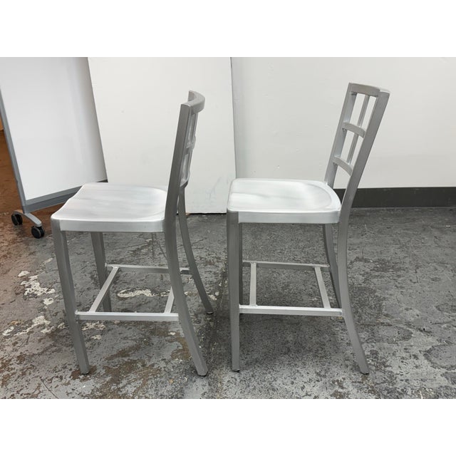 Emeco Style Industrial Modern Aluminum Ladder Back Counter Stools, Pair For Sale - Image 4 of 12