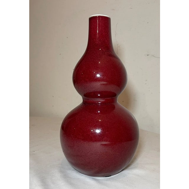 Wood Vintage Handmade Original Sang De Boeuf Chinese Red Oxblood Pottery Gourd Vase For Sale - Image 7 of 9