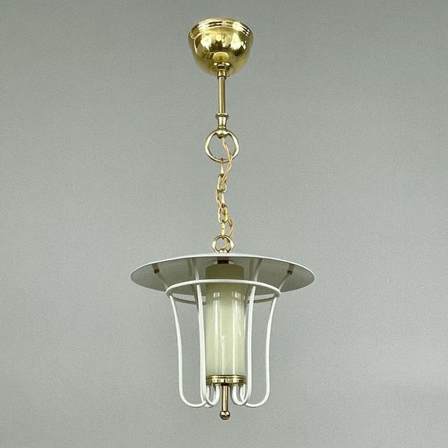 Caged Opaline Glass, Cream and Brass Pendant Lantern, Germany, 1950s For Sale - Image 4 of 17