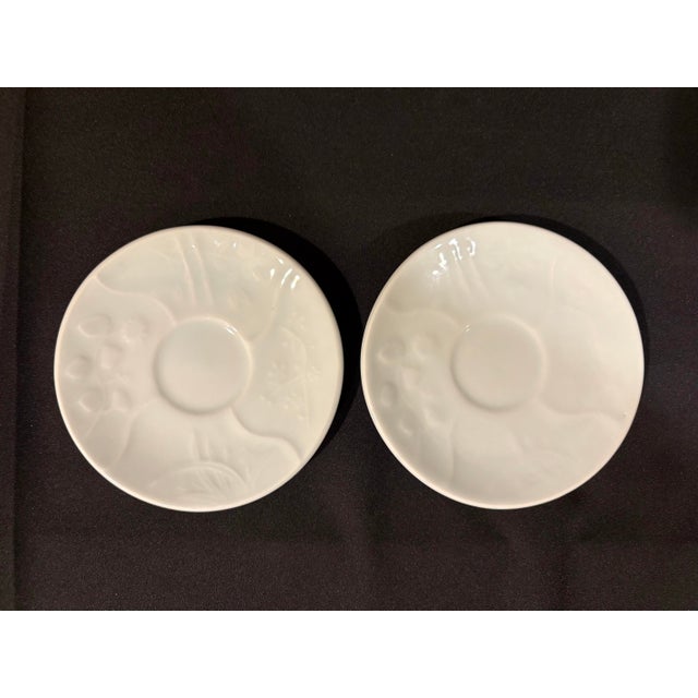 Late 20th Century Late 20th Century Japanese Celadon Porcelain Cup & Saucer Set for Two Featuring Botanical Motif For Sale - Image 5 of 6
