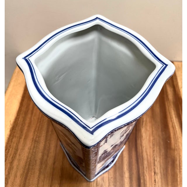 18” Tall Square Blue and White Chinoiserie Ceramic Vase For Sale - Image 9 of 10