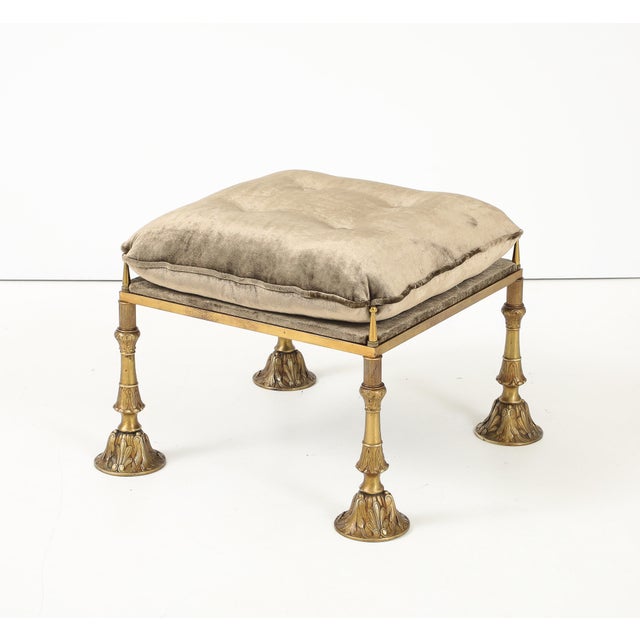 Mid-Century Modern 1950's Brass and Crushed Velvet French Ottoman For Sale - Image 3 of 14