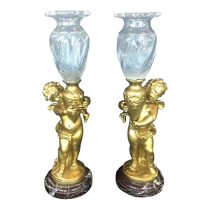 Pair of Bronze Cherubs With Glass Vases