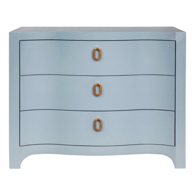 Matthew Izzo Home Cora Light Blue Textured Linen Three Drawer Chest With Satin Brass Drawer Pulls For Sale