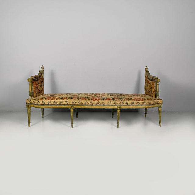 Italian bench in yellow and green wood and original fabric, 1800s Bench with rectangular seat in original fabric with...