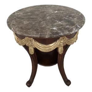 French Neoclassical 4-Leg Gueridon Table With Marble Top & Gold Gilt Drapery