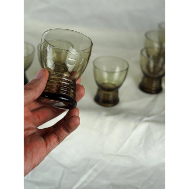 1970s French Smoked Blown Engraved Glasses- Set of 17 For Sale - Image 10 of 13