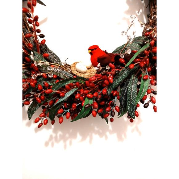 Winter Berries Door Wreath Realistic Red Cardinal‎ Egg Nest Holiday Ice Crystals For Sale - Image 11 of 15