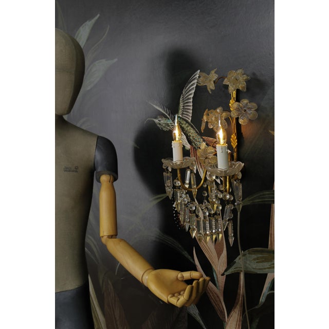 Italian Gilt Metal Two-Light Sconce with Crystal Glass Flowers and Prisms, 1970s For Sale - Image 11 of 18