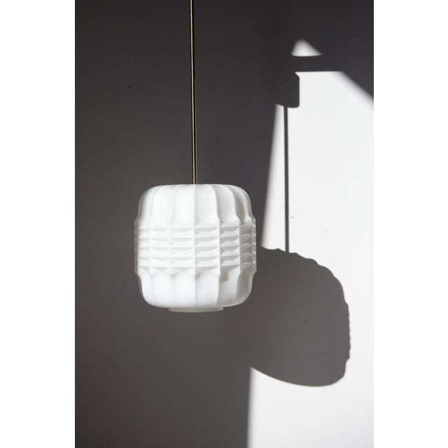 Mid-Century Modern Space Age Opaline and Brass Pendant Light from Osvetlovaci Sklo V.M., Former Czechoslovakia, 1960s For Sale - Image 3 of 13