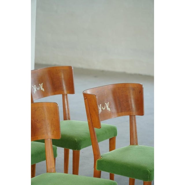 Art Deco Swedish Chairs in Birch & Mohair with Griffin Inlays from Klismos, 1930s, Set of 6 For Sale - Image 11 of 18