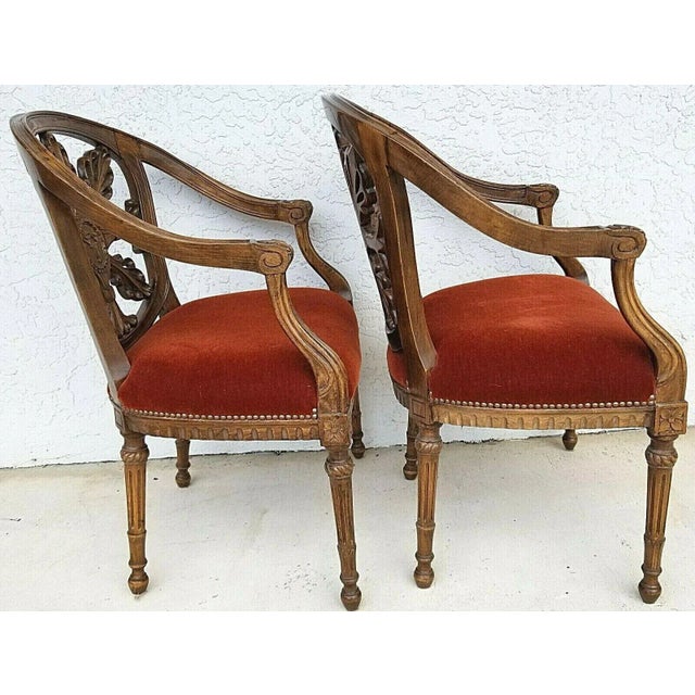 Early 20th Century Antique Hand Carved Walnut French Provincial Armchairs - Set of 2 For Sale - Image 5 of 13