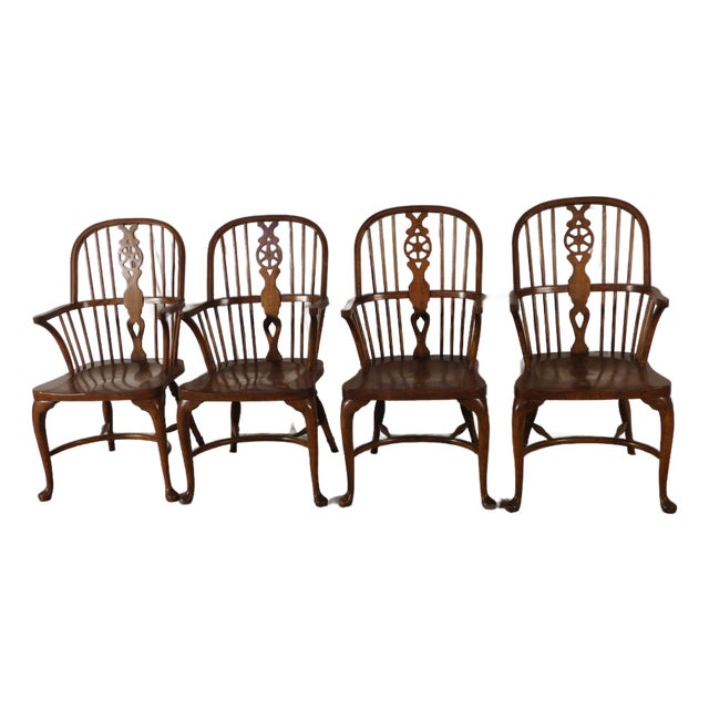 Vintage Baker Furniture Set of 4 Queen Anne Dark Oak Windsor Arm Chairs For Sale