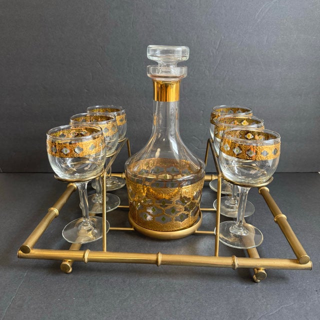 Metal Culver Valencia Decanter & Wine Glasses Bar Set 22 Karat Gold Design Mid Century Vintage Cocktail Set For Sale - Image 7 of 8