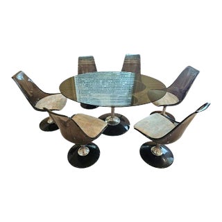 1970s Mid-Century Modern Chromcraft Tulip Oval Dining Set With Smoked Glass Table Top - Set of 8 For Sale