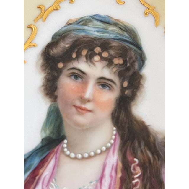 Antique 19 th c German cabinet portrait porcelain plate. Handpainted portrait of a young woman. Stamped verso.