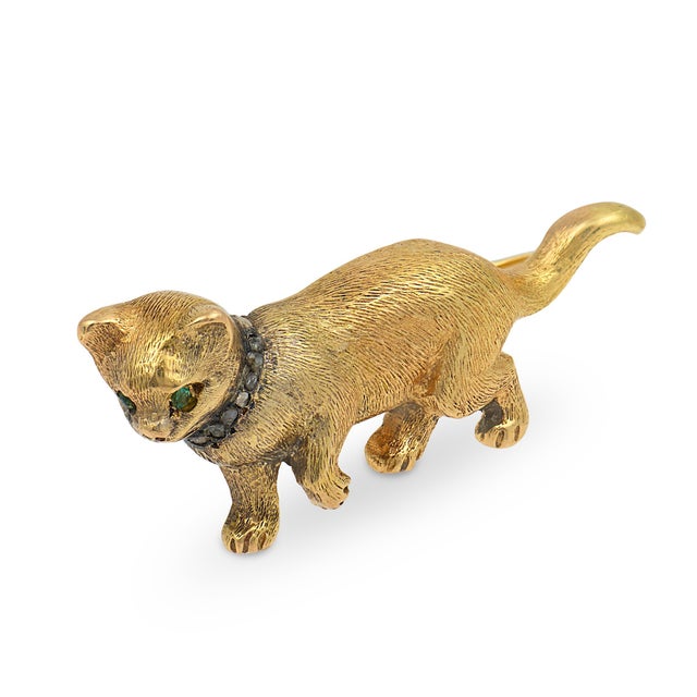 Vintage Diamond Peridot 18k Yellow Gold Cat Brooch For Sale - Image 4 of 6