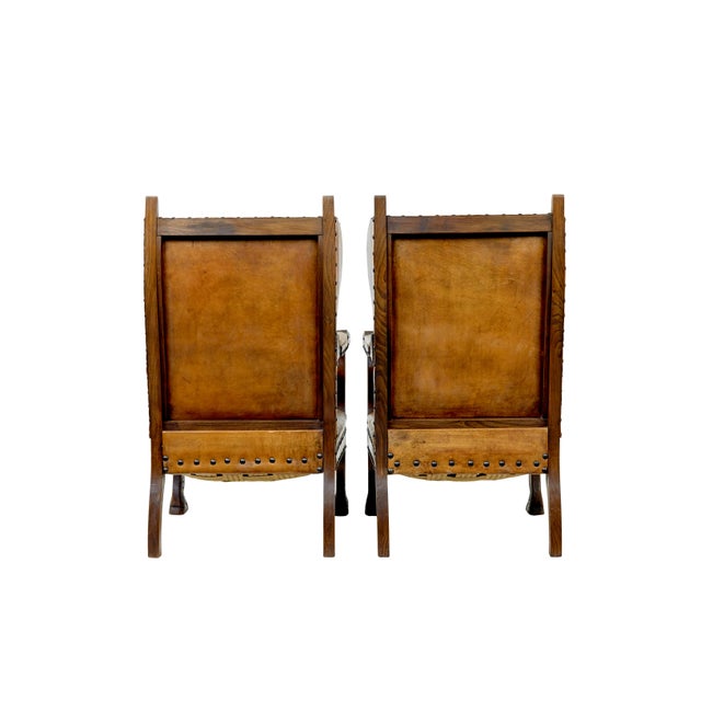 19th Century Oak and Embossed Leather Armchairs, Set of 2 For Sale - Image 4 of 11