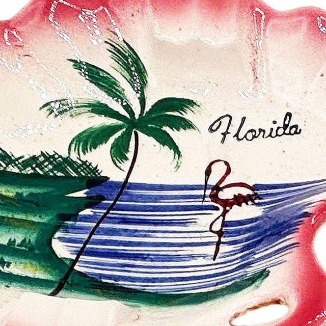 Rare Mid-century biomorphic Florida ceramic piece by Kenmar featuring a coastal Flamingo along the shoreline with...