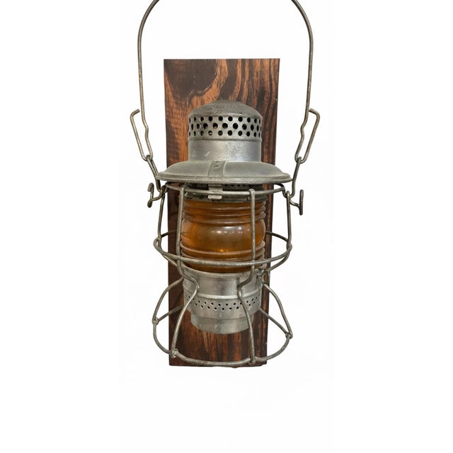 Vintage Railroad Lantern Wall Sconce on Rustic Wood Mounts (Pair) For Sale - Image 4 of 10