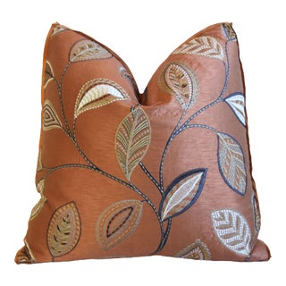 Clarence House Botanical Embroidered Satin Leaves Fabric Feather/Down Pillow 21" Square For Sale