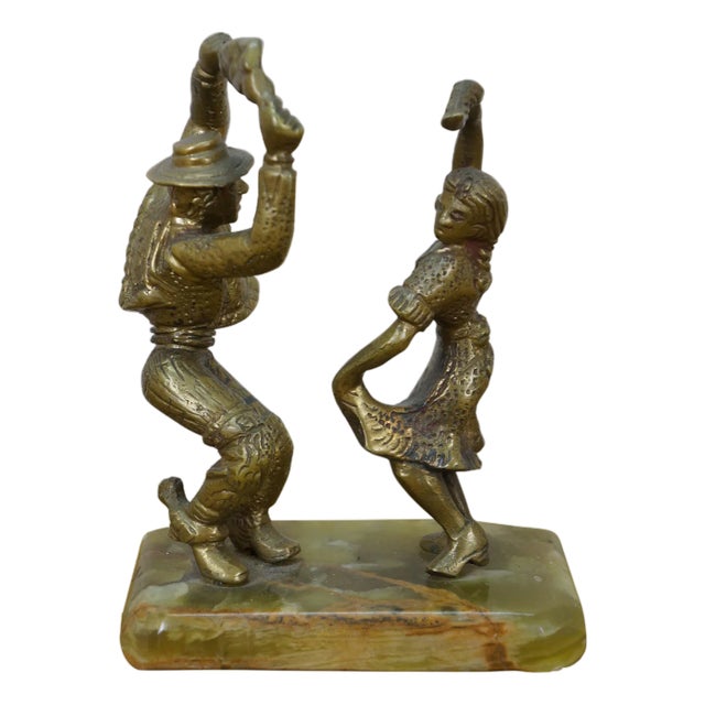 Vintage Mexican Folk Art Salsa Dancers Brass Figurine Sculpture Onyx Base 7" For Sale