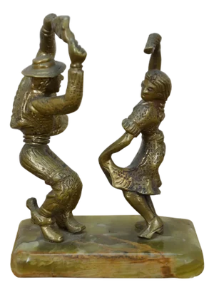 Vintage Mexican Folk Art Salsa Dancers Brass Figurine Sculpture Onyx Base 7"