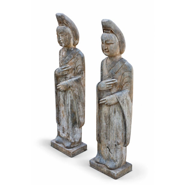 Stone Pair Monumental Antique 48" Solid Stone Chinese Court Lady Figure Statues Tang Style For Sale - Image 7 of 18