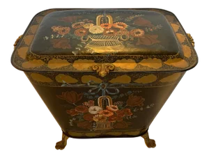 Antique French Tole and Brass Hand Painted Coal Scuttle