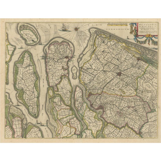 Antique Map of Delfland, Schieland and Islands of Zuid-Holland, the Netherlands For Sale