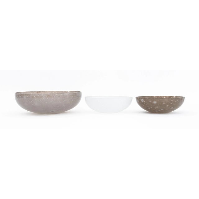 Three Barbini Muran "Moon Crater" Glass Bowls, two gray and one white, all with etched "Barbini / Murano" marks to...