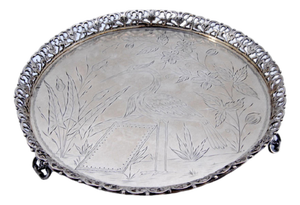 Silver Tray/Ticket Holder with Wire Rack, Floral Engraved Bottom and Bird Wrapping Monogram Card