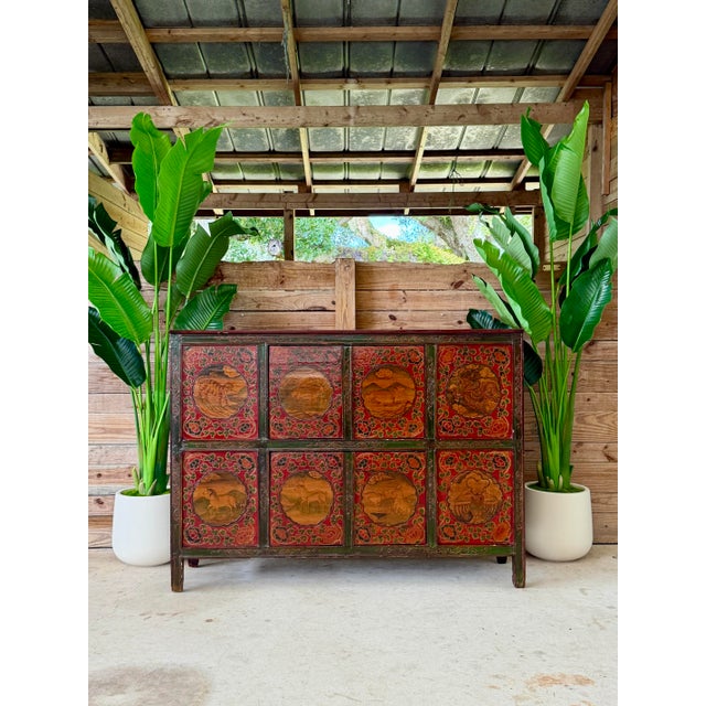 Vintage Tibetan Polychrome Painted Cabinet With Animal and Floral Panels For Sale - Image 12 of 12