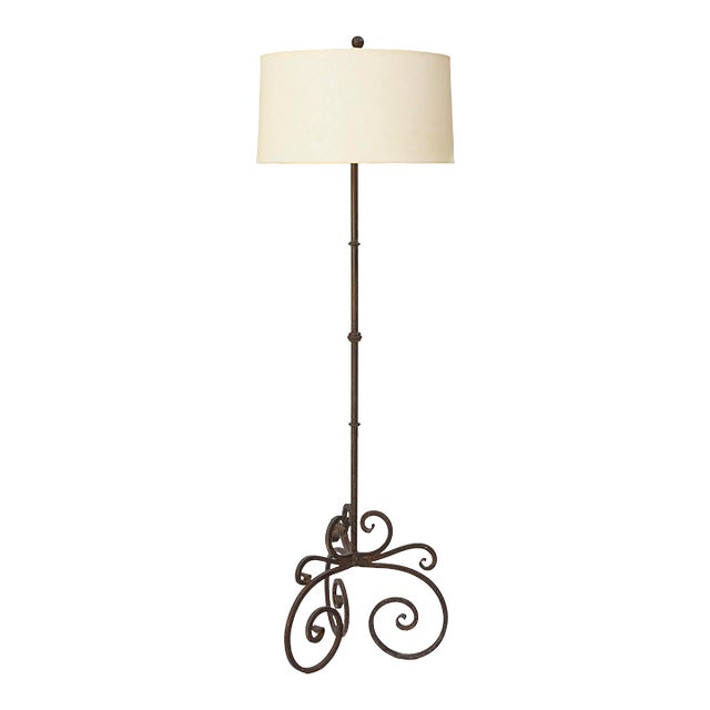 1990s Wrought Iron Spanish Revival Style Floor Lamp/ Custom Linen Drum Shade For Sale