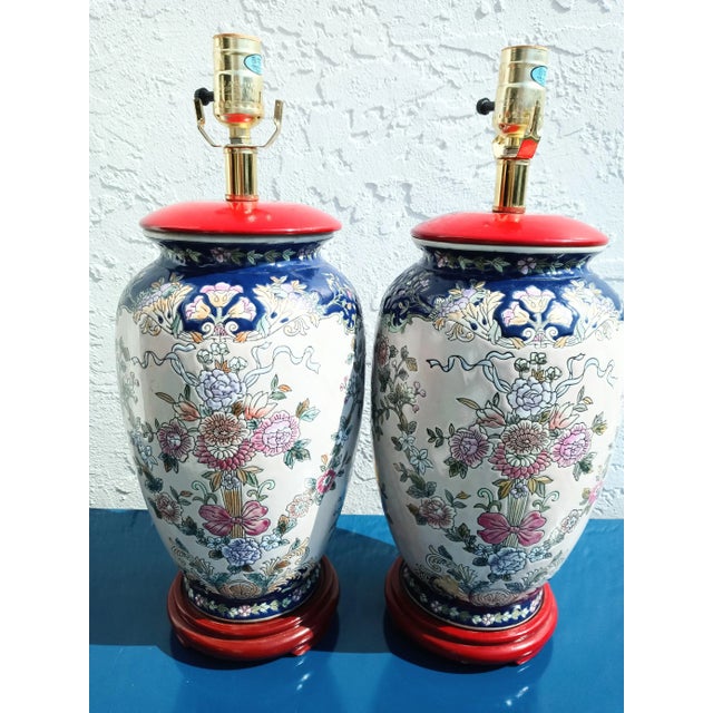 1970s Vintage Chinoiserie Floral Red Navy Pink Ceramic Table Lamps- a Pair For Sale - Image 5 of 6