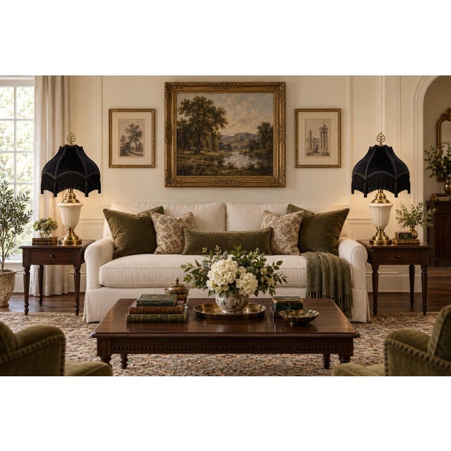 Vintage Neoclassical Cream Urn Lamps With Midnight Black Velvet Fringe Shades - a Pair For Sale - Image 10 of 11