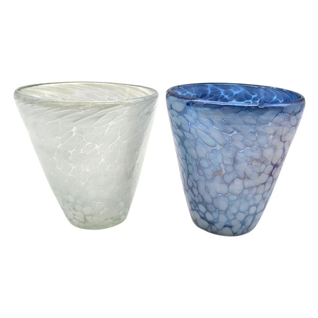 Blue Set of Four Hand-Blown Frit Glass Tumblers in Blue and White For Sale - Image 8 of 14