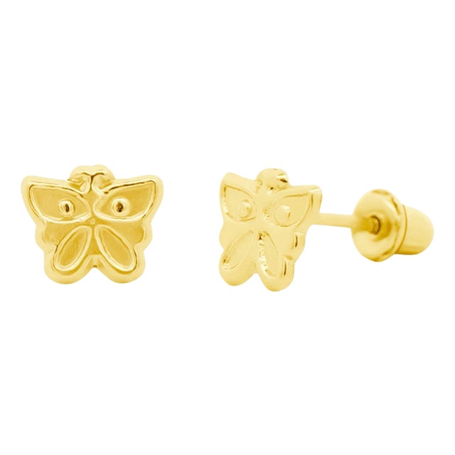 14k Solid Yellow Gold Dainty Butterfly Stud Earrings Screw Back Closure - 2 Pieces For Sale