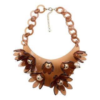 Italian Design Copper Acrylic Bib Necklace Flowers and Pearls For Sale