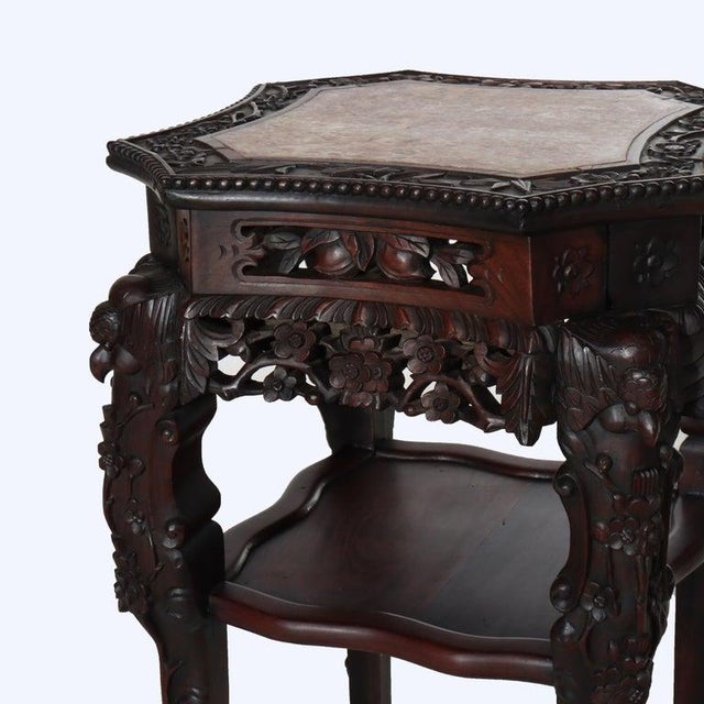 Chinese Antique Chinese Floral & Figural Carved Rosewood Rouge Marble Top Stand C1920 For Sale - Image 3 of 12